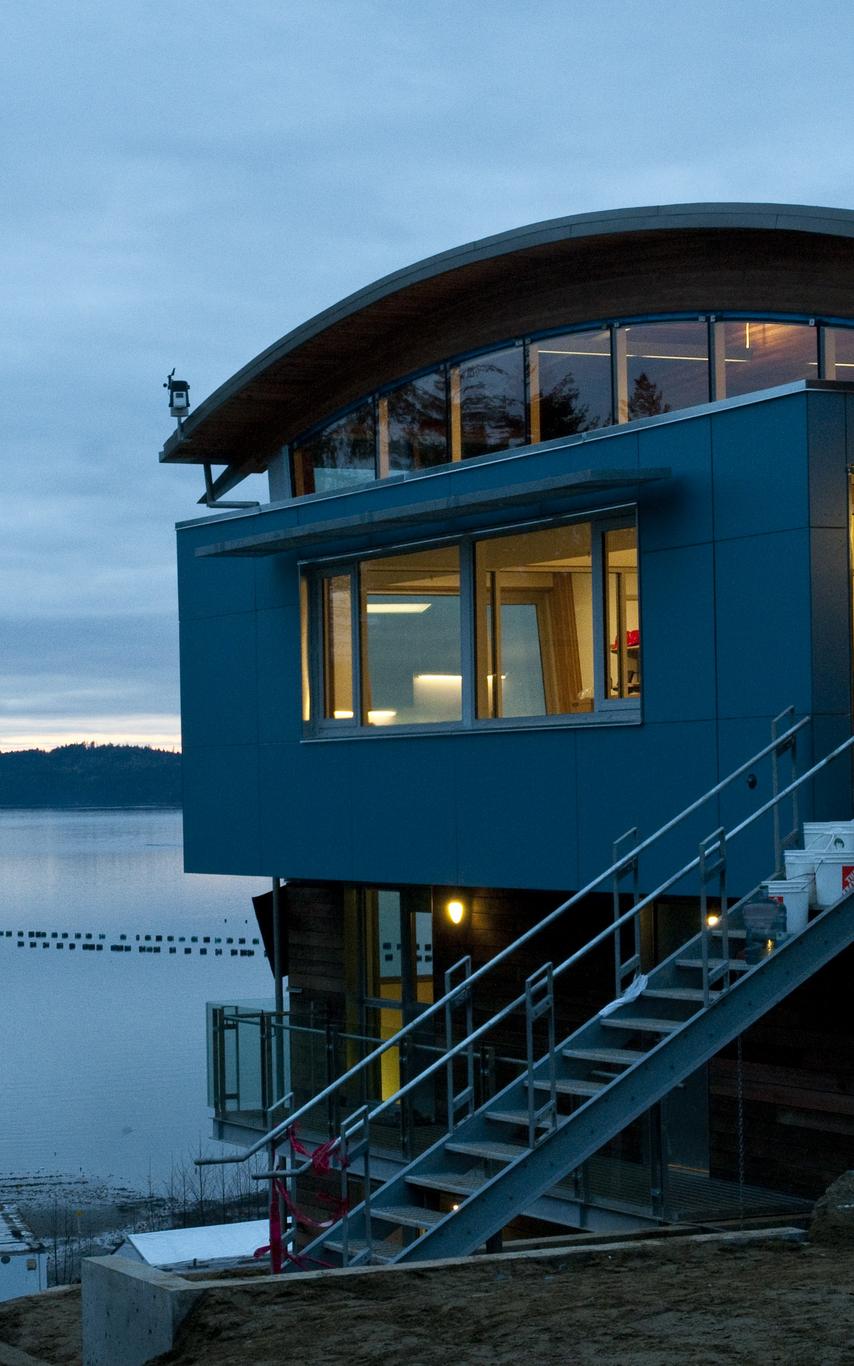 Building with stairs beside trees and a body of water